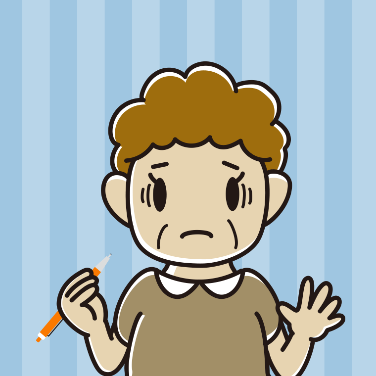 シャープペンを持って困るおばさんのイラスト【色、背景あり】PNG