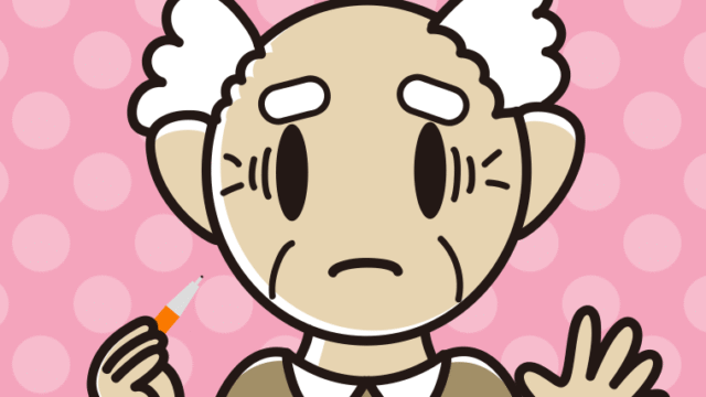 シャープペンを持って困るおじいさんのイラスト【色、背景あり】PNG