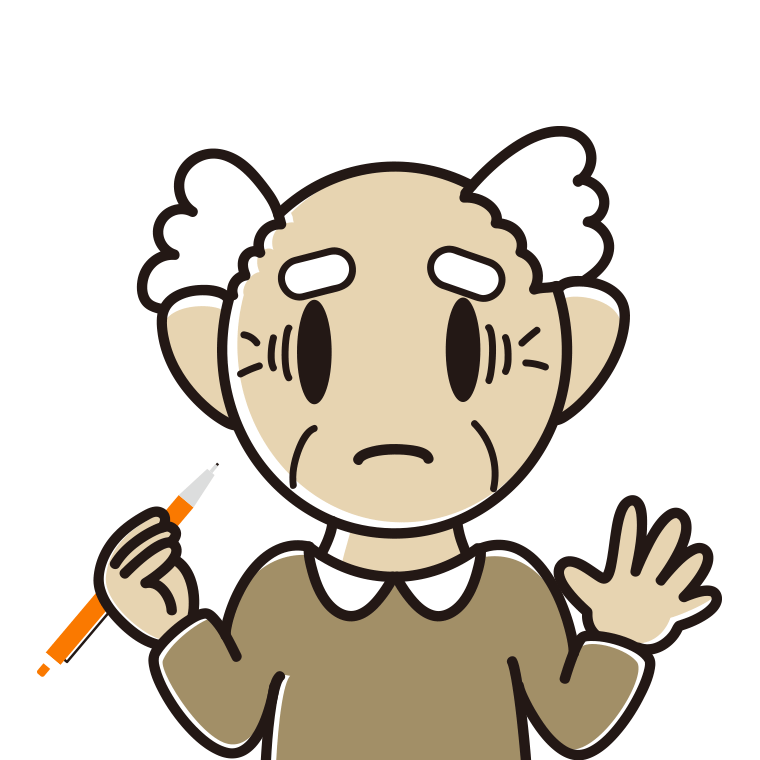 シャープペンを持って困るおじいさんのイラスト【色あり、背景なし】透過PNG