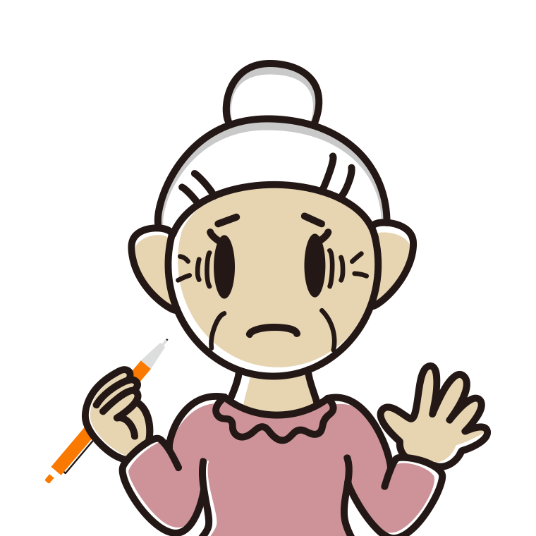 シャープペンを持って困るおばあさんのイラスト【色あり、背景なし】透過PNG