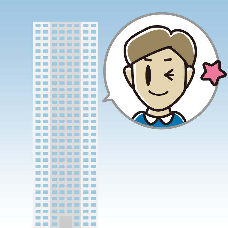 タワーマンションでウインクする男性のイラスト【色、背景あり】PNG