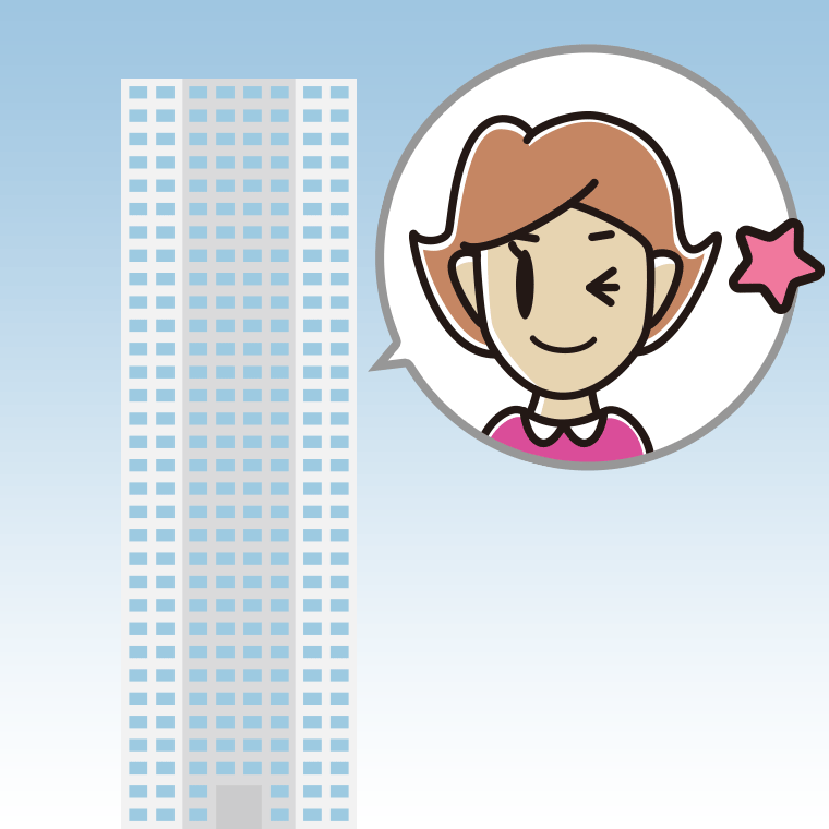 タワーマンションでウインクする女性のイラスト【色、背景あり】PNG