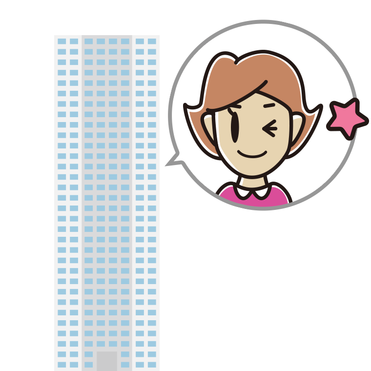 タワーマンションでウインクする女性のイラスト【色あり、背景なし】透過PNG