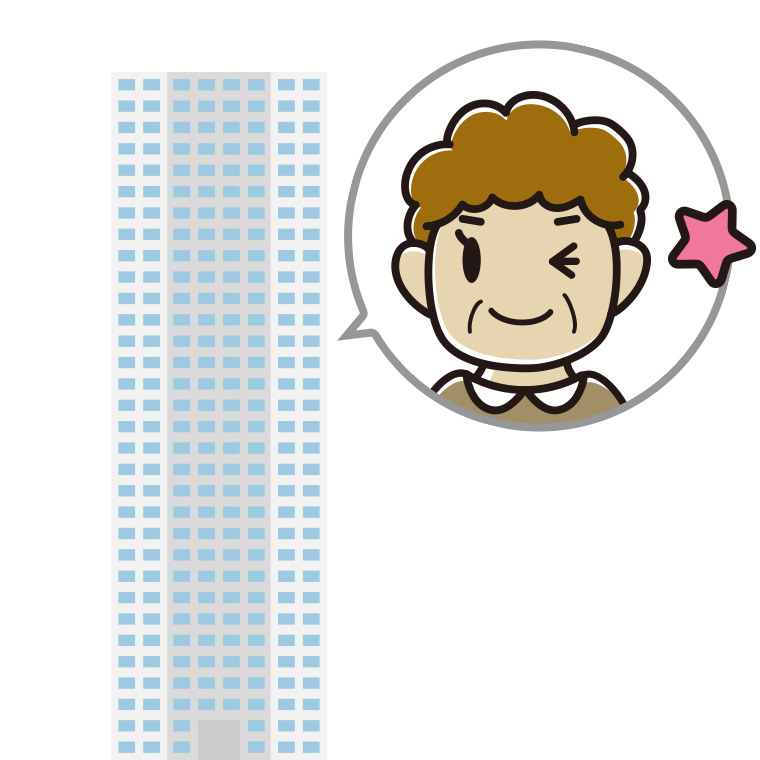 タワーマンションでウインクするおばさんのイラスト【色あり、背景なし】透過PNG