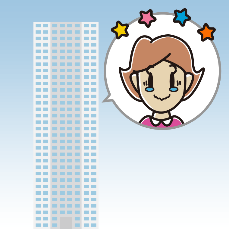 タワーマンションでジーンとする女性のイラスト【色、背景あり】PNG