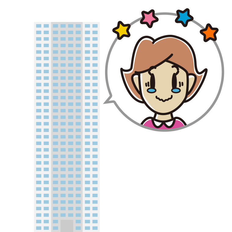 タワーマンションでジーンとする女性のイラスト【色あり、背景なし】透過PNG