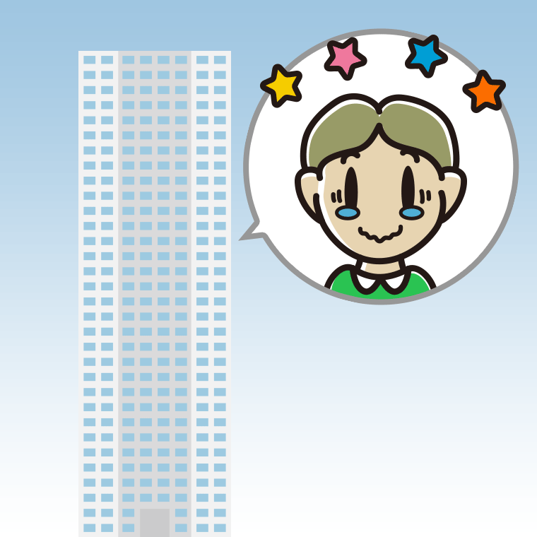 タワーマンションでジーンとする小学生男子のイラスト【色、背景あり】PNG