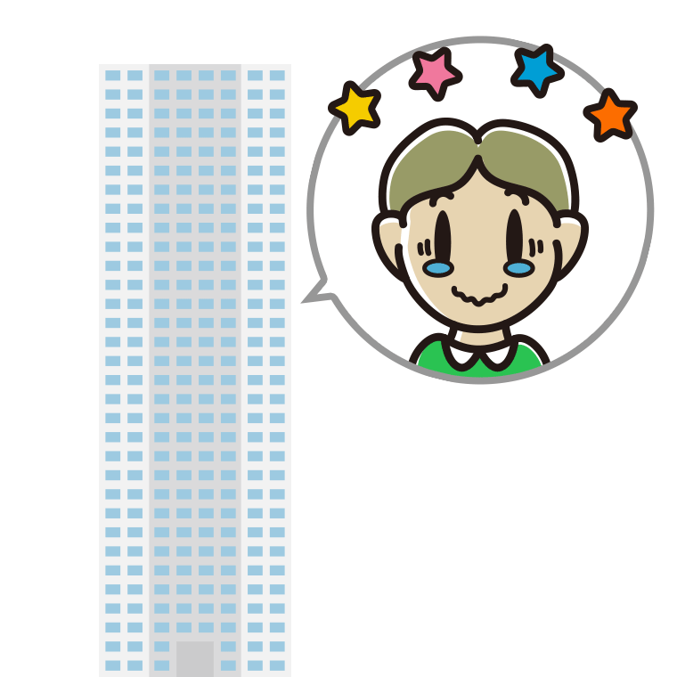 タワーマンションでジーンとする小学生男子のイラスト【色あり、背景なし】透過PNG