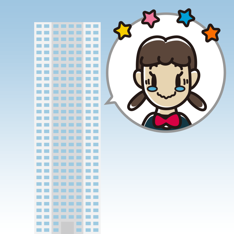 タワーマンションでジーンとする女子中学生のイラスト【色、背景あり】PNG