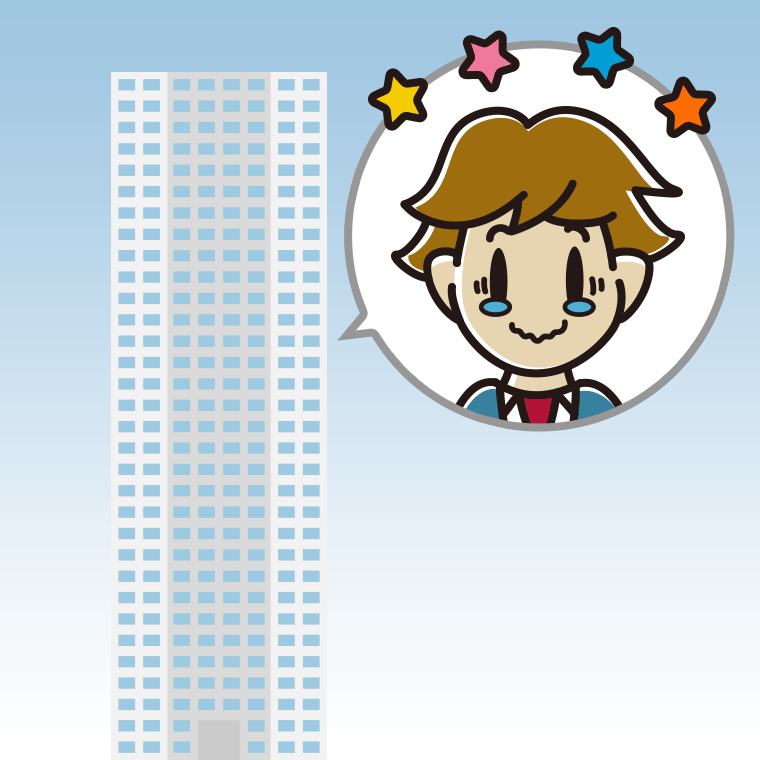 タワーマンションでジーンとする男子高校生のイラスト【色、背景あり】PNG