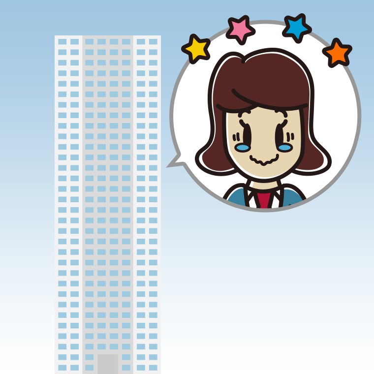 タワーマンションでジーンとする女子高校生のイラスト【色、背景あり】PNG
