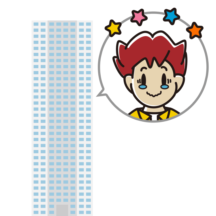 タワーマンションでジーンとする男子大学生のイラスト【色あり、背景なし】透過PNG