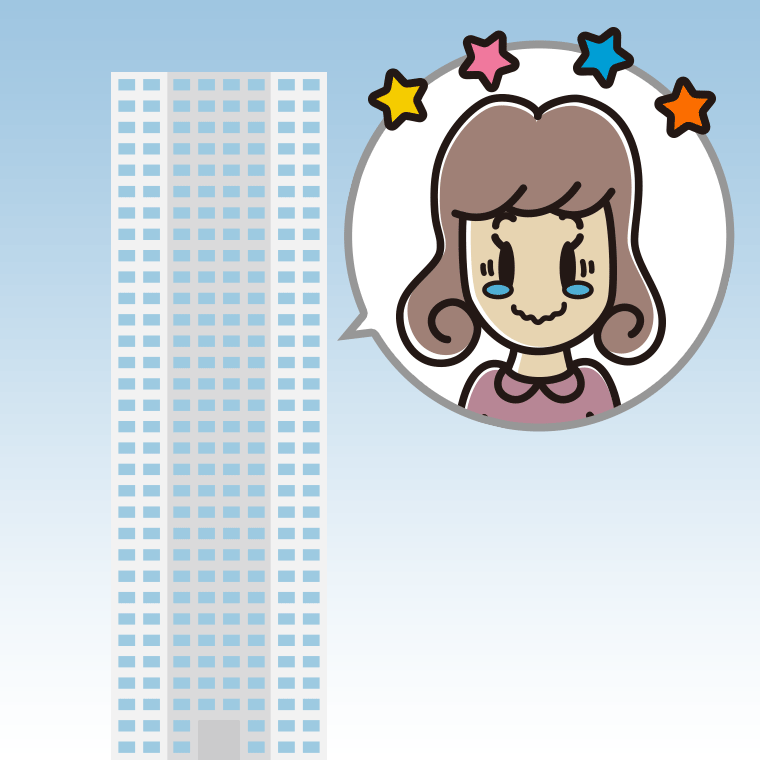 タワーマンションでジーンとする女子大学生のイラスト【色、背景あり】PNG