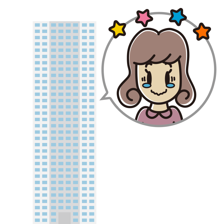 タワーマンションでジーンとする女子大学生のイラスト【色あり、背景なし】透過PNG