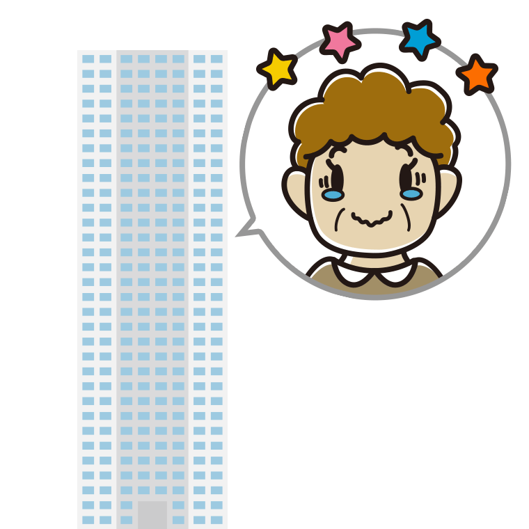 タワーマンションでジーンとするおばさんのイラスト【色あり、背景なし】透過PNG
