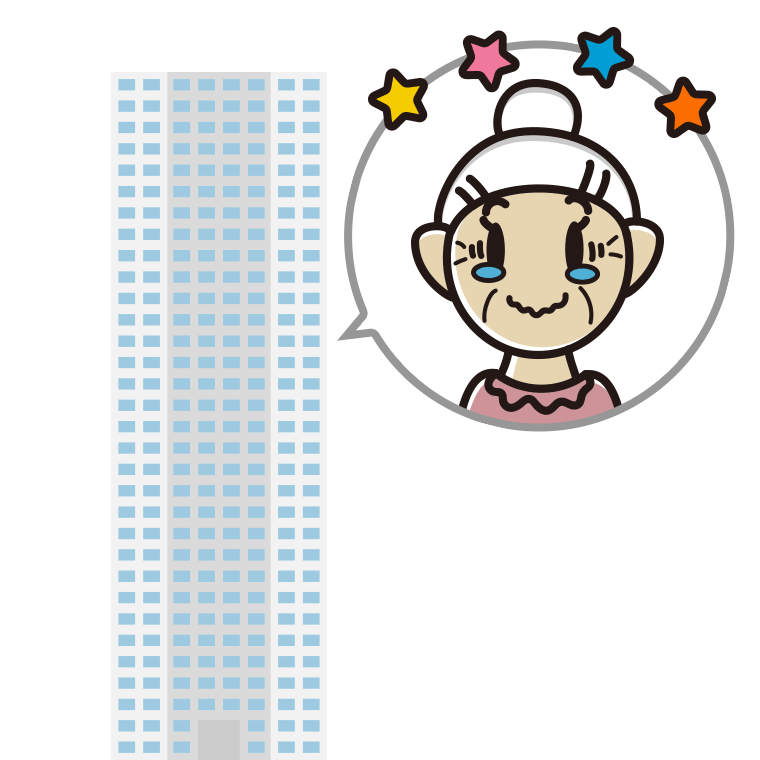 タワーマンションでジーンとするおばあさんのイラスト【色あり、背景なし】透過PNG