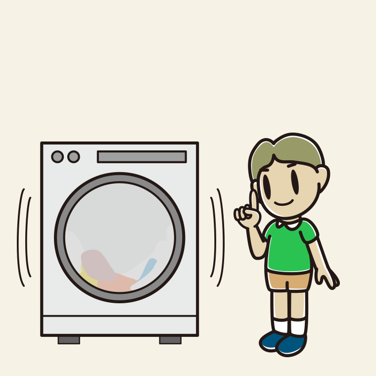 ドラム式洗濯機で洗濯をする小学生男子のイラスト【色、背景あり】PNG