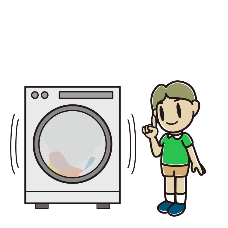ドラム式洗濯機で洗濯をする小学生男子のイラスト【色あり、背景なし】透過PNG