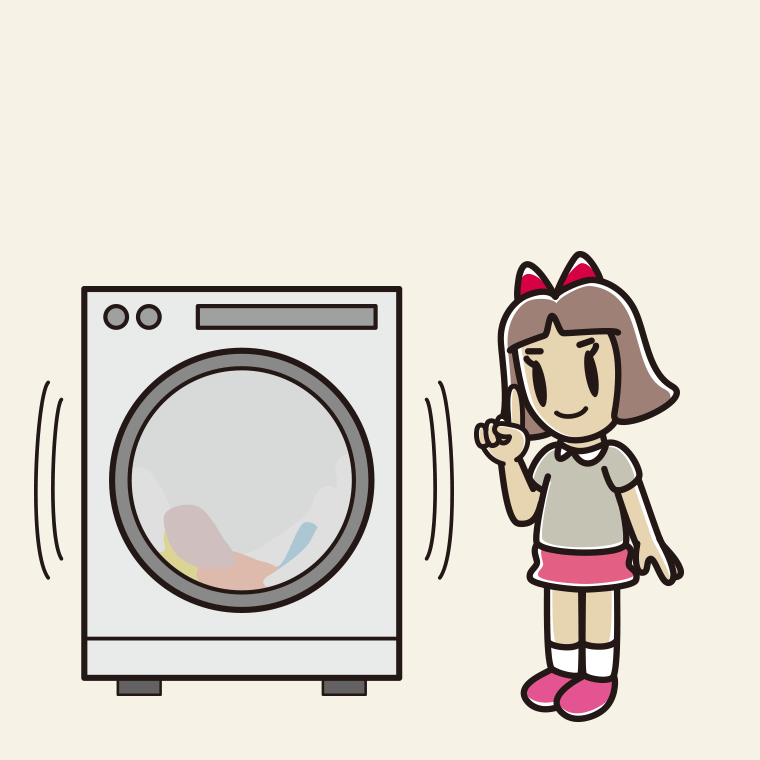 ドラム式洗濯機で洗濯をする小学生女子のイラスト【色、背景あり】PNG