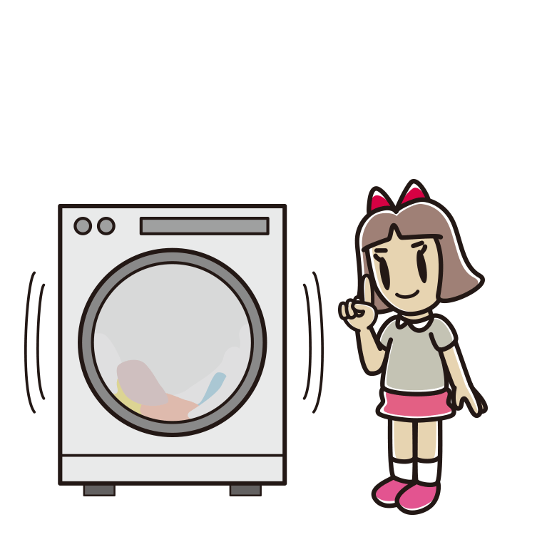 ドラム式洗濯機で洗濯をする小学生女子のイラスト【色あり、背景なし】透過PNG