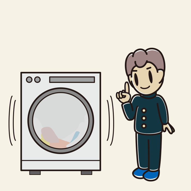 ドラム式洗濯機で洗濯をする男子中学生のイラスト【色、背景あり】PNG