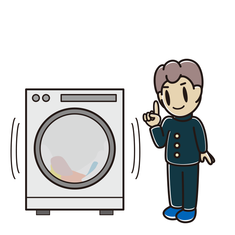 ドラム式洗濯機で洗濯をする男子中学生のイラスト【色あり、背景なし】透過PNG