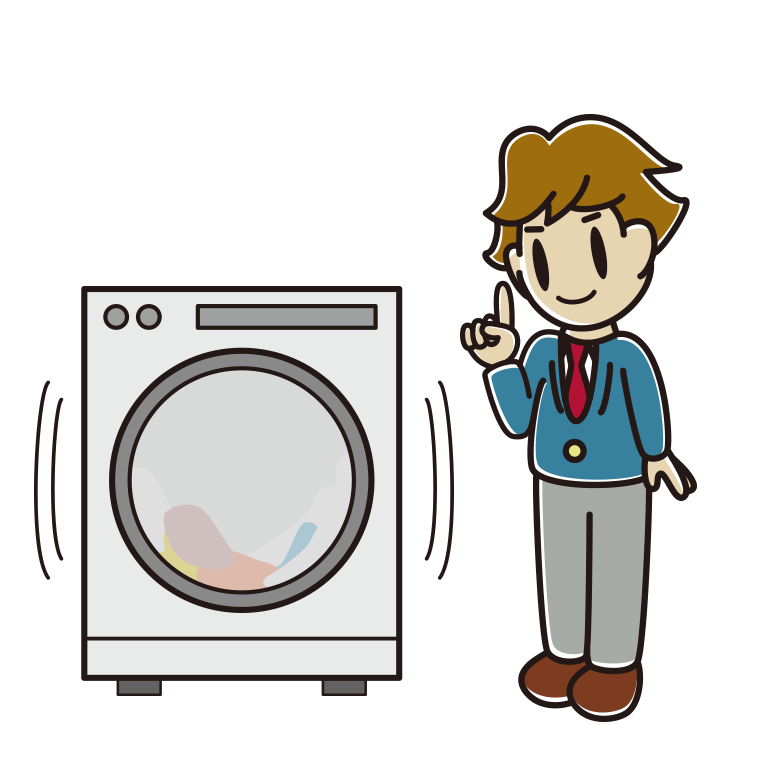 ドラム式洗濯機で洗濯をする男子高校生のイラスト【色あり、背景なし】透過PNG