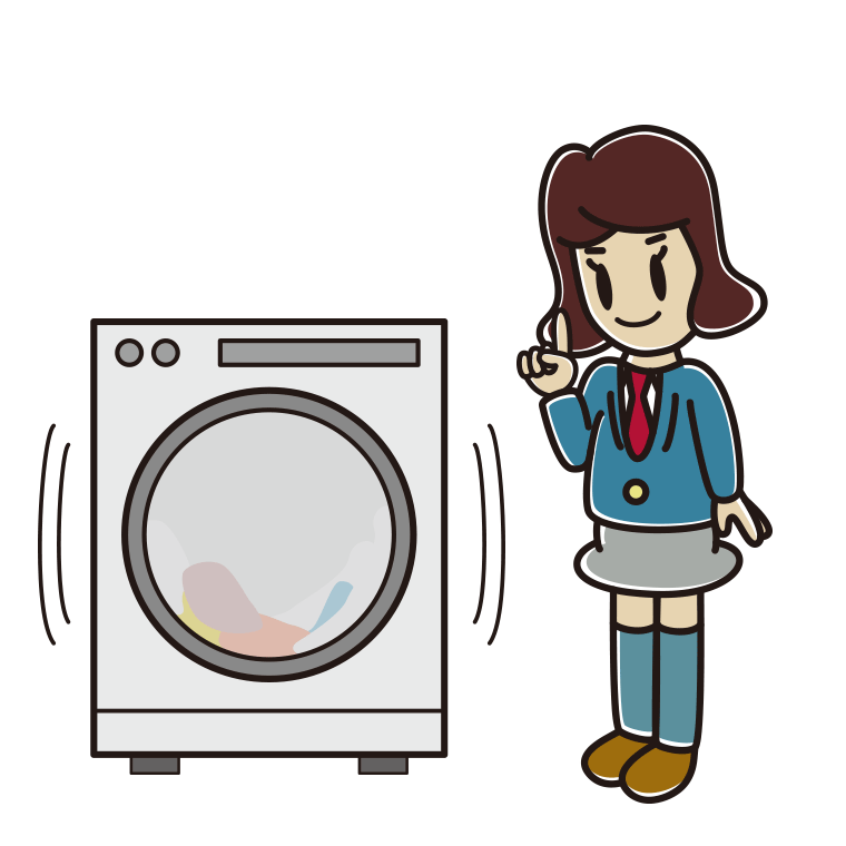 ドラム式洗濯機で洗濯をする女子高校生のイラスト【色あり、背景なし】透過PNG
