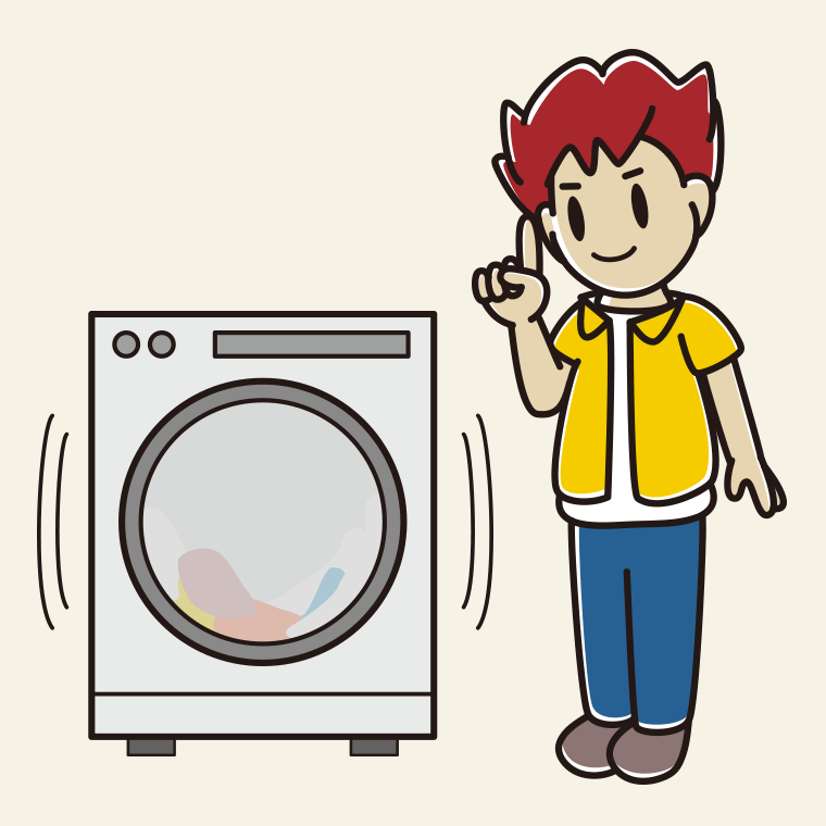 ドラム式洗濯機で洗濯をする男子大学生のイラスト【色、背景あり】PNG