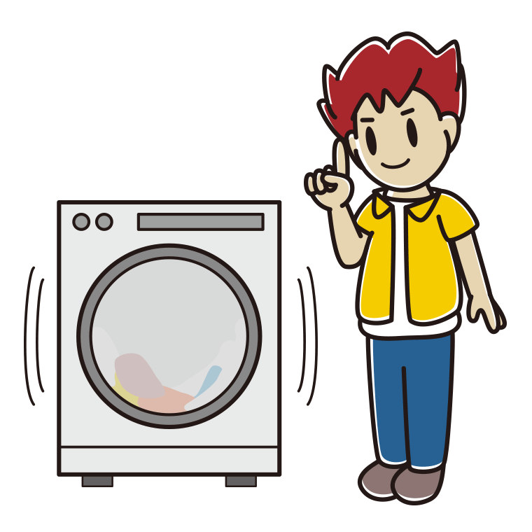 ドラム式洗濯機で洗濯をする男子大学生のイラスト【色あり、背景なし】透過PNG