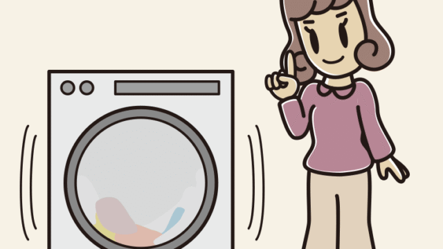 ドラム式洗濯機で洗濯をする女子大学生のイラスト【色、背景あり】PNG