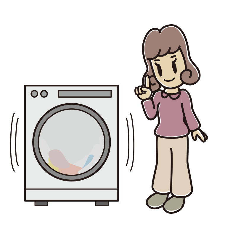 ドラム式洗濯機で洗濯をする女子大学生のイラスト【色あり、背景なし】透過PNG