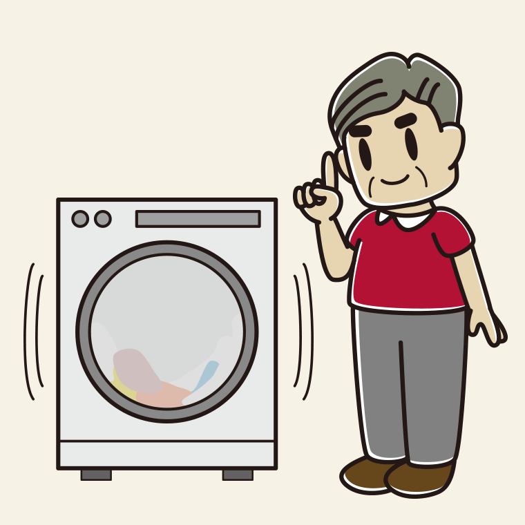 ドラム式洗濯機で洗濯をするおじさんのイラスト【色、背景あり】PNG