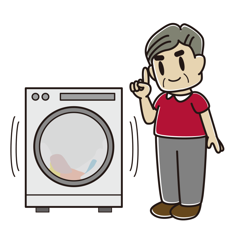 ドラム式洗濯機で洗濯をするおじさんのイラスト【色あり、背景なし】透過PNG