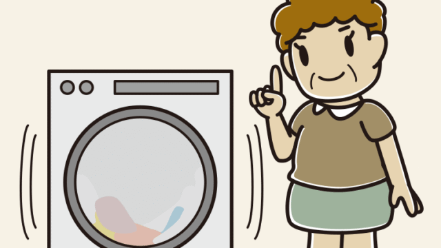 ドラム式洗濯機で洗濯をするおばさんのイラスト【色、背景あり】PNG