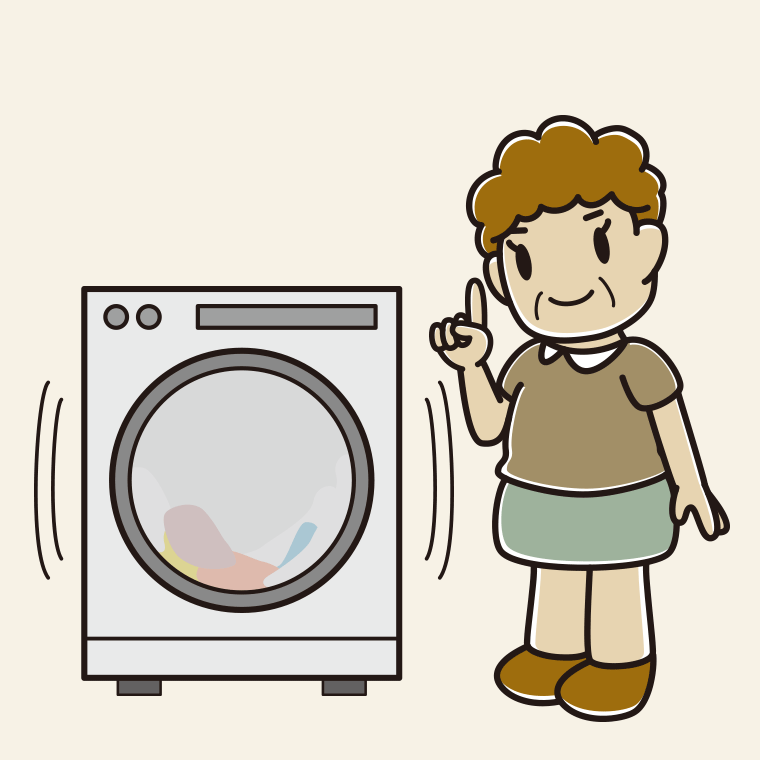 ドラム式洗濯機で洗濯をするおばさんのイラスト【色、背景あり】PNG