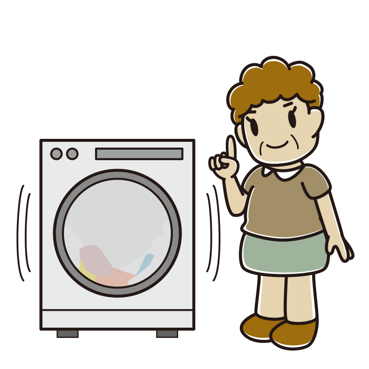 ドラム式洗濯機で洗濯をするおばさんのイラスト【色あり、背景なし】透過PNG