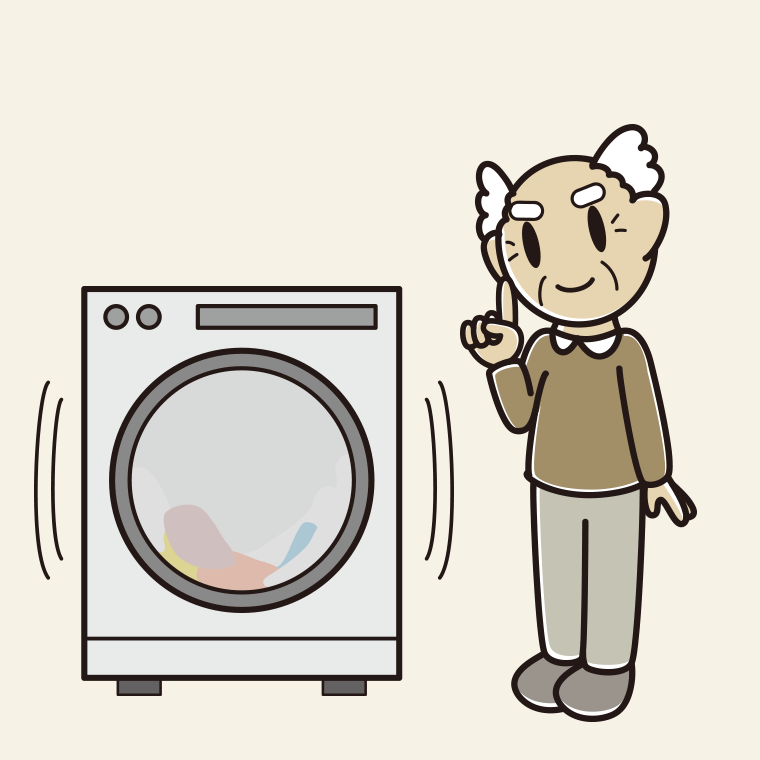 ドラム式洗濯機で洗濯をするおじいさんのイラスト【色、背景あり】PNG