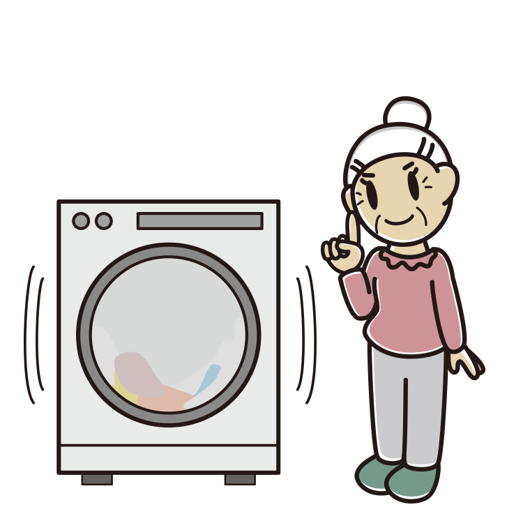 ドラム式洗濯機で洗濯をするおばあさんのイラスト【色あり、背景なし】透過PNG
