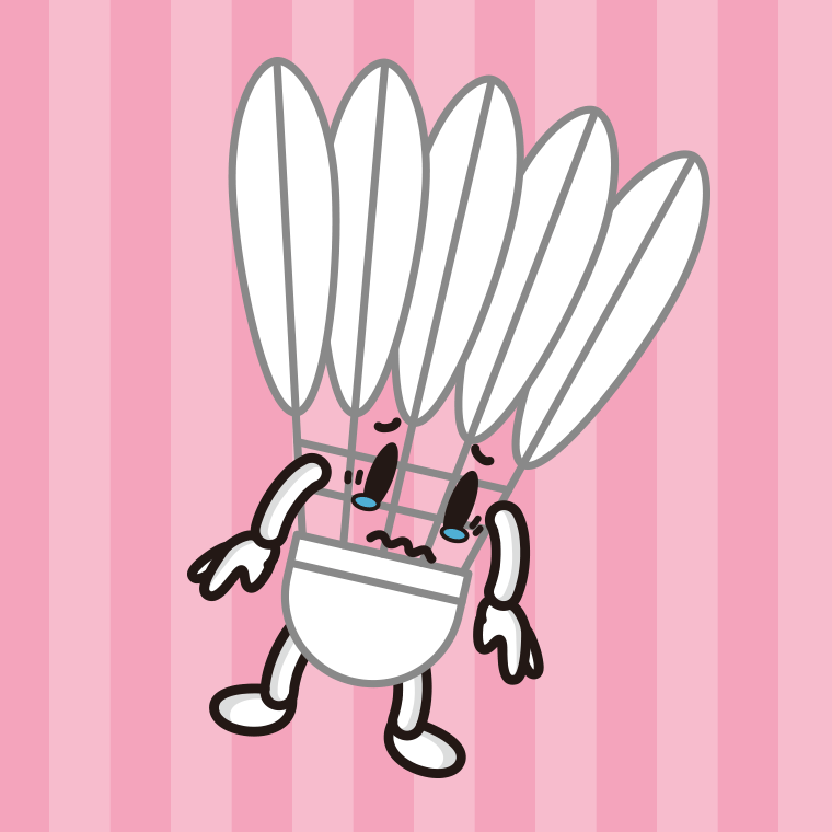 泣くバドミントンシャトルちゃんのイラスト【色、背景あり】PNG