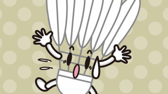 驚くバドミントンシャトルちゃんのイラスト【色、背景あり】PNG