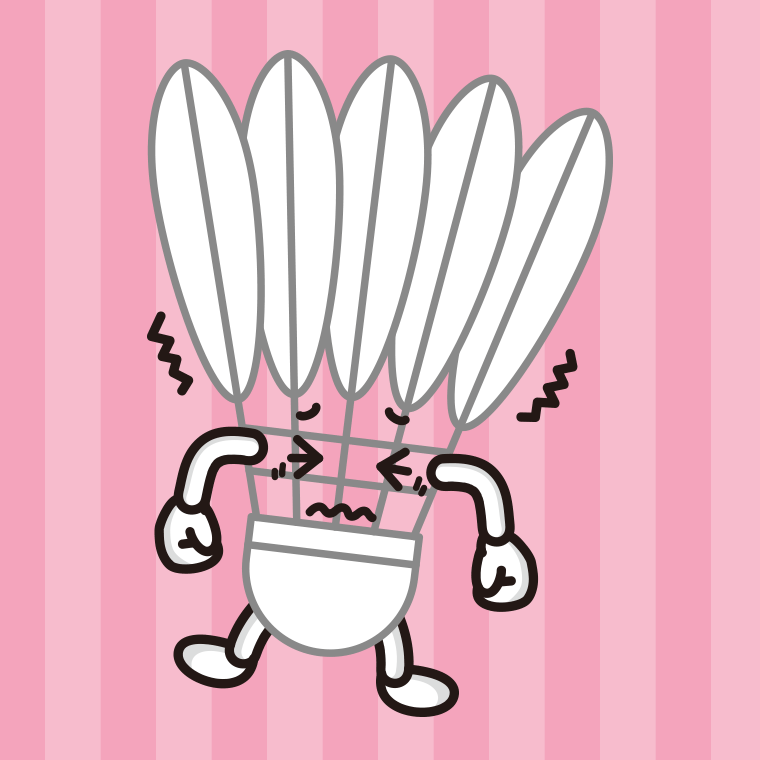 ブルブル震えるバドミントンシャトルちゃんのイラスト【色、背景あり】PNG