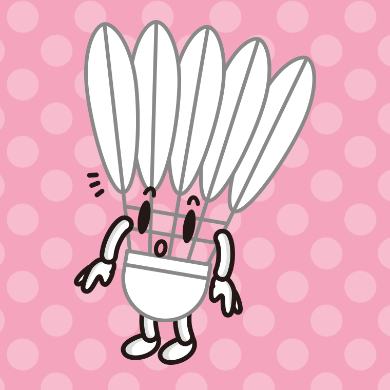 何かに気付くバドミントンシャトルちゃんのイラスト【色、背景あり】PNG