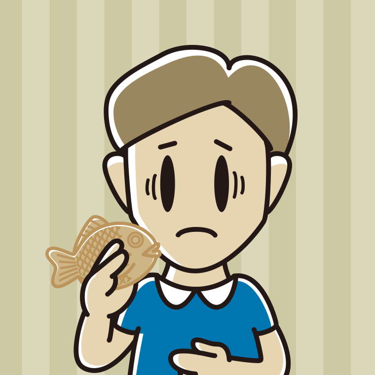 たい焼きで困る男性のイラスト【色、背景あり】PNG