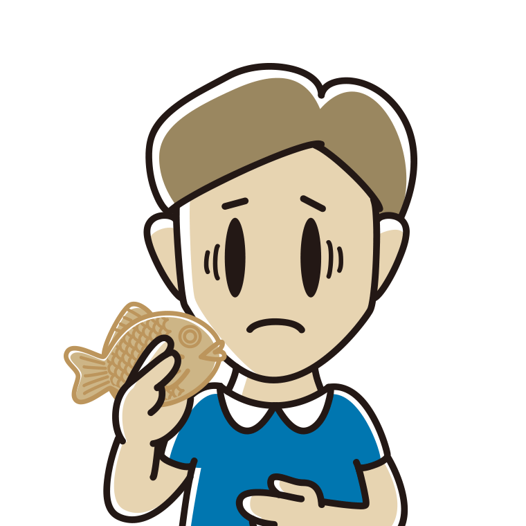 たい焼きで困る男性のイラスト【色あり、背景なし】透過PNG