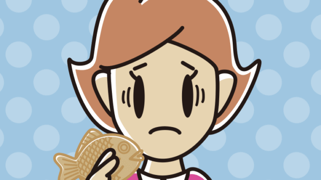 たい焼きで困る女性のイラスト【色、背景あり】PNG