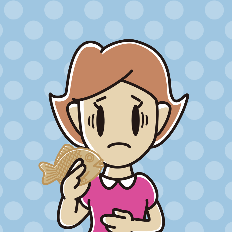 たい焼きで困る女性のイラスト【色、背景あり】PNG