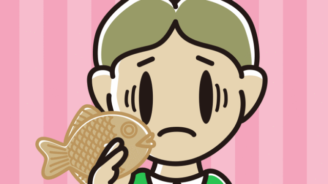 たい焼きで困る小学生男子のイラスト【色、背景あり】PNG