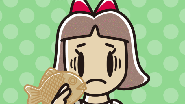 たい焼きで困る小学生女子のイラスト【色、背景あり】PNG