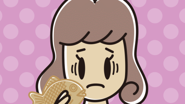 たい焼きで困る女子大学生のイラスト【色、背景あり】PNG